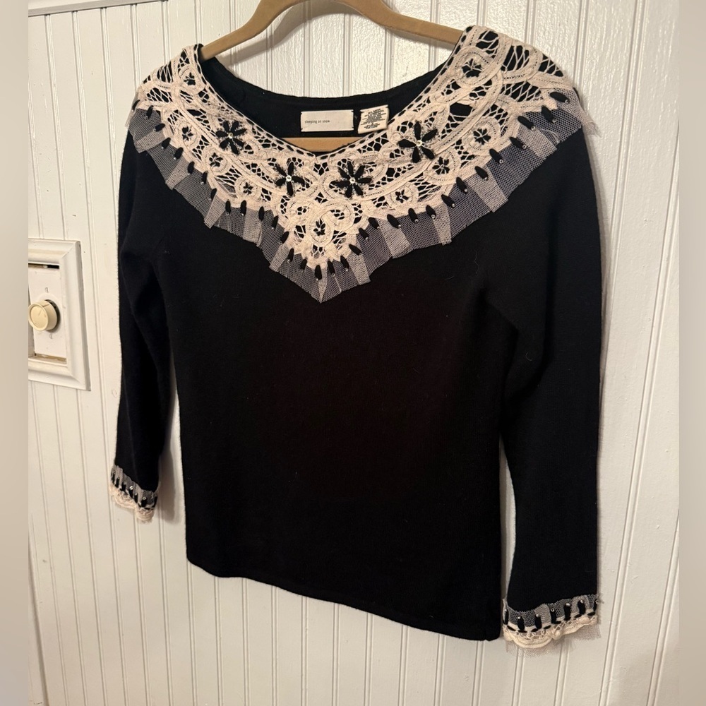 Anthropologie Sleeping on snow Embroidered Lace Lambswool Small Sweater